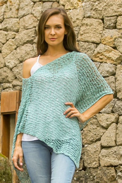 Crocheted poncho, 'Turquoise Sanur Shade ' - Lightweight Turquoise Hand Crocheted Poncho  from Bali