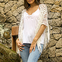 Hand-Crocheted Cotton Shawl in Ivory from Bali,'Tegalalang Palace in Ivory'