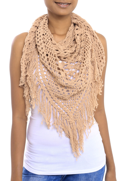 Cotton shawl, 'Tegalalang Palace in Camel' - Hand-Crocheted Cotton Shawl in Camel from Bali