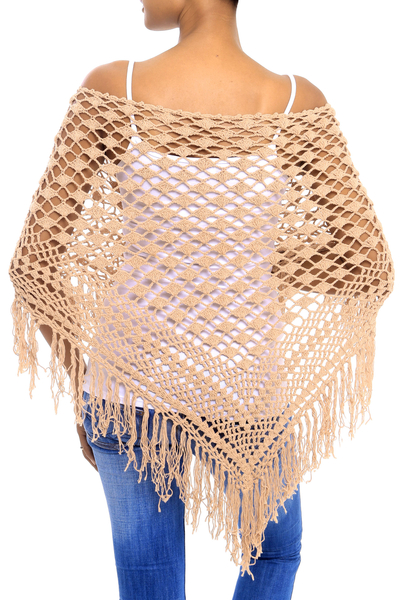Cotton shawl, 'Tegalalang Palace in Camel' - Hand-Crocheted Cotton Shawl in Camel from Bali