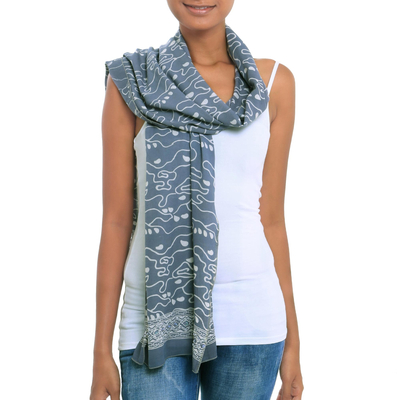 Batik cotton scarf, 'Kabut Tumpal' - Hand-Stamped Batik Cotton Scarf Crafted in Java