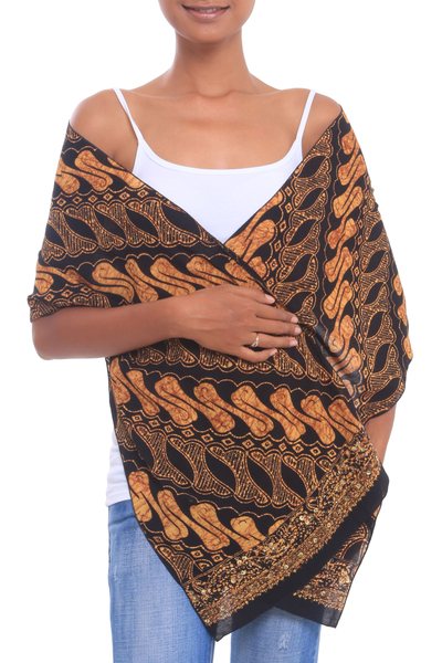 Schal aus Batik-Baumwolle - Batik-Baumwollschal mit Parang-Motiv in gebrannter Siena aus Java