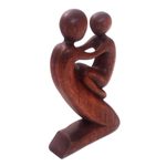 Wood sculpture, 'Playful Father' - Suar Wood Father and Child Sculpture from Bali