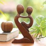 Wood sculpture, 'Playful Father' - Suar Wood Father and Child Sculpture from Bali