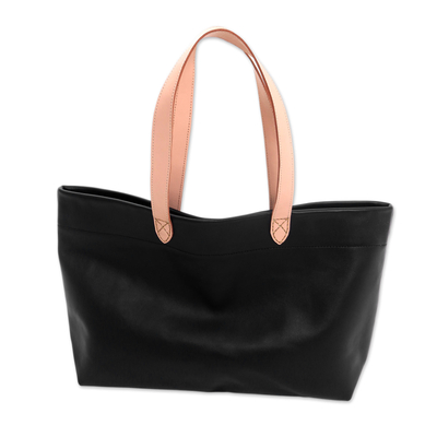 Handcrafted Black Leather Tote Bag with Cream Straps