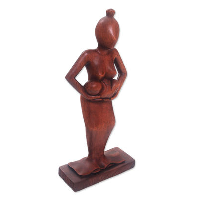 Wood statuette, 'Adoring Mother' - Hand Carved Mother Cradling Baby in Arms Wood Statuette