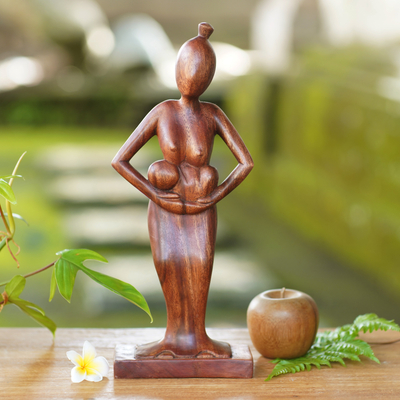 Wood statuette, 'Adoring Mother' - Hand Carved Mother Cradling Baby in Arms Wood Statuette