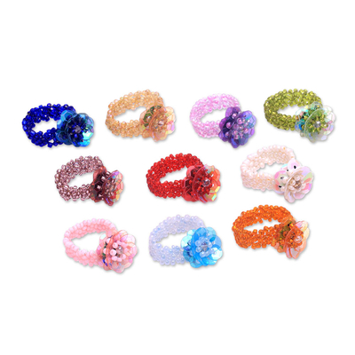Artisan Made Floral Glass Beaded Stretch Rings