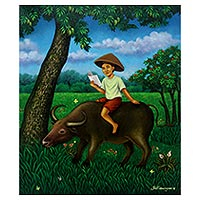 'Learning in Nature' - Signed Painting of a Boy Reading on a Buffalo from Java