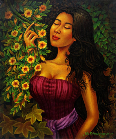 'In Flowers' - Signed Painting of a Woman with Flowers from Java