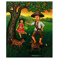 'The Deer and the Farmer' - Signed Painting of Children with Deer from Java