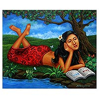 'Studying' - Signed Painting of a Woman Reading in Nature from Java