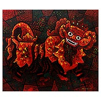 'Balinese Barong' - Signed Expressionist Painting of Barong from Java