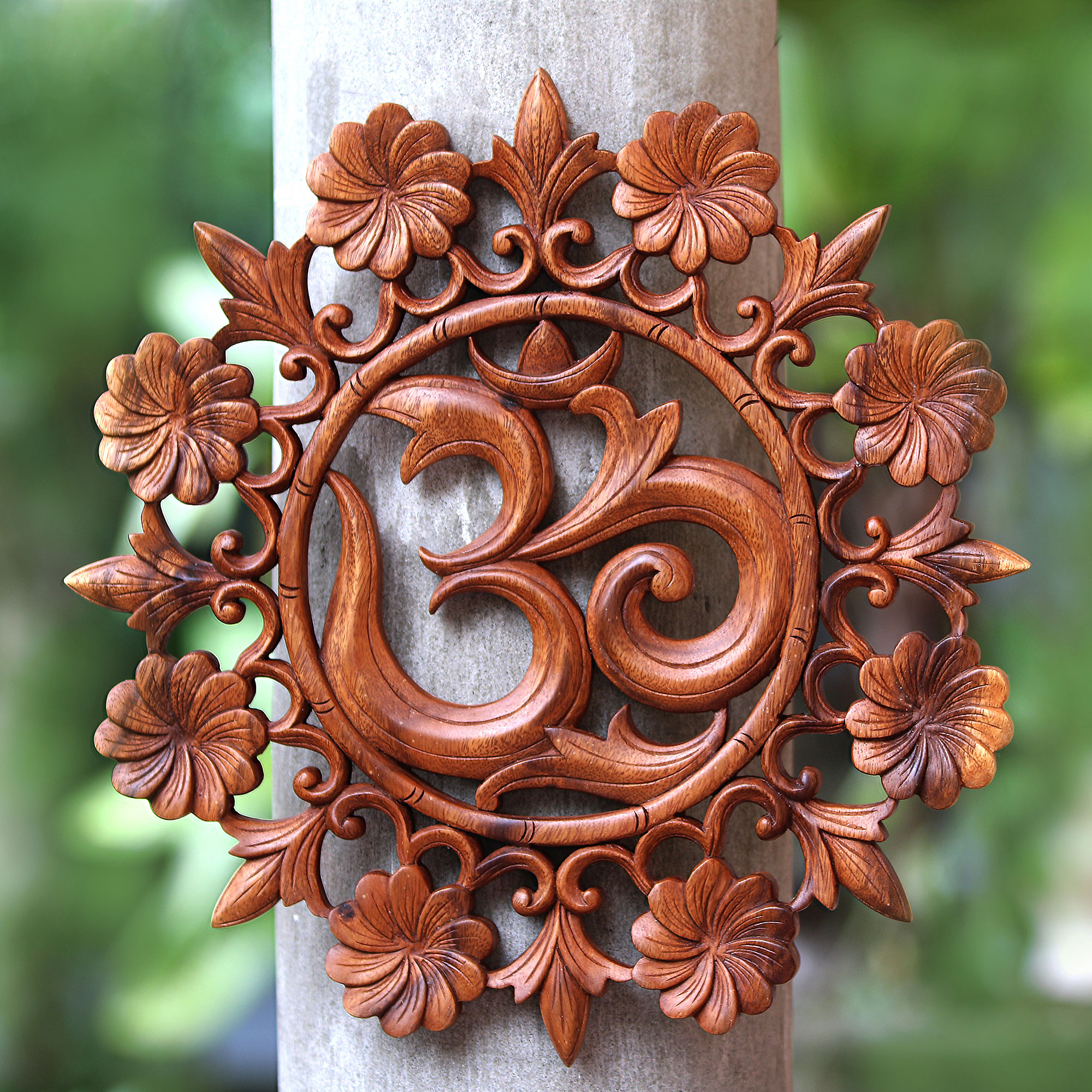 Floral Om Suar Wood Relief Panel from Bali Lively Om NOVICA Canada