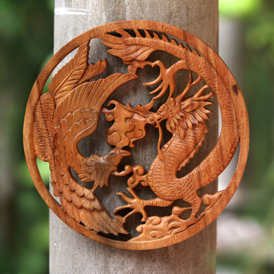 Panel en relieve de madera - Panel en relieve de madera de fénix y dragón de Bali
