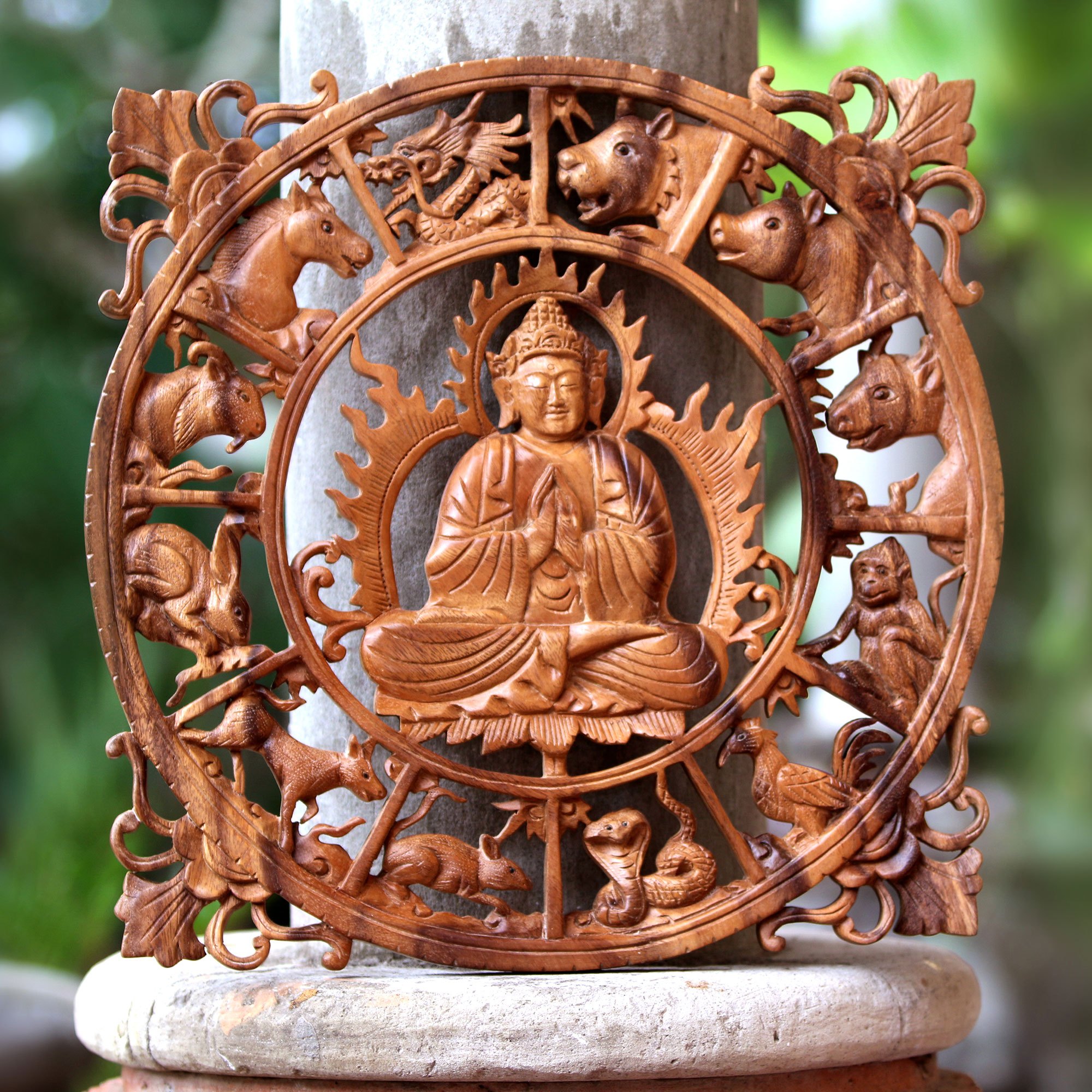 ZodiacThemed Buddha Wood Relief Panel from Bali Zodiac Buddha NOVICA