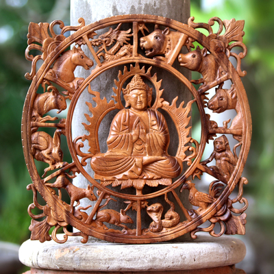 Wood relief panel, Zodiac Buddha