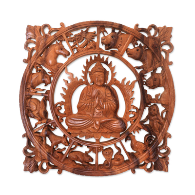 Wood relief panel, 'Zodiac Buddha' - Zodiac-Themed Buddha Wood Relief Panel from Bali