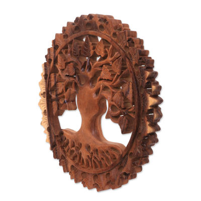 Wood relief panel, 'Sunny Tree' - Tree-Themed Suar Wood Relief Panel from Bali