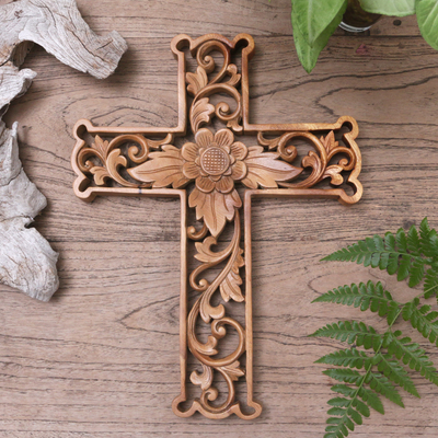 Wood wall cross, 'Lotus Cross' - Hand-Carved Wood Floral Wall Cross from Bali