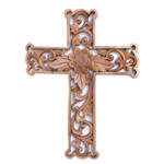 Wood wall cross, 'Lotus Cross' - Hand-Carved Wood Floral Wall Cross from Bali