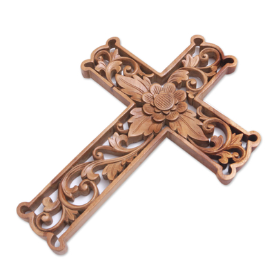 Wood wall cross, 'Lotus Cross' - Hand-Carved Wood Floral Wall Cross from Bali