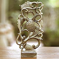 Wood sculpture, 'Turtle Paradise' - Hand-Carved Sea Turtle Hibiscus Wood Sculpture from Bali