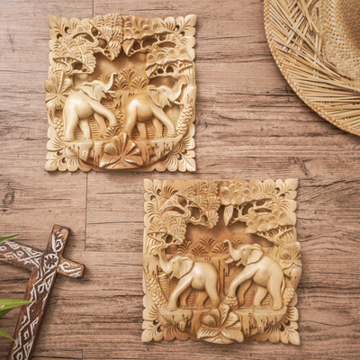 Holzreliefplatten, (Paar) - Holzreliefplatten mit Elefantenmotiv aus Indonesien (Paar)