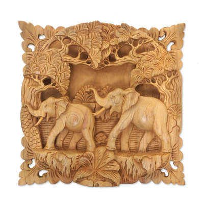 Wood relief panels, 'Elephant Palace' (pair) - Elephant-Themed Wood Relief Panels from Indonesia (Pair)