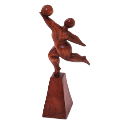 Wood sculpture, 'Catch It' - Suar Wood Female Form Exercise Sculpture from Bali