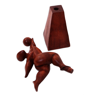 Wood sculpture, 'Catch It' - Suar Wood Female Form Exercise Sculpture from Bali