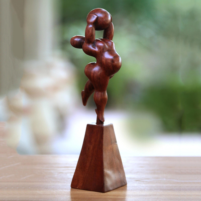 Wood sculpture, 'Ball Stretch' - Suar Wood Sculpture of a Woman with a Ball from Bali