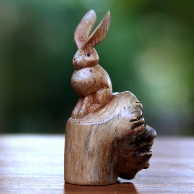 Wood sculpture, 'Watchful Hare' - Hand-Carved Wood Hare Sculpture from Bali