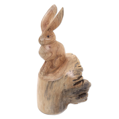 Wood sculpture, 'Watchful Hare' - Hand-Carved Wood Hare Sculpture from Bali