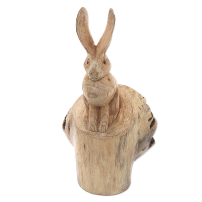 Wood sculpture, 'Watchful Hare' - Hand-Carved Wood Hare Sculpture from Bali