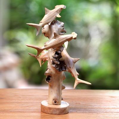 Wood sculpture, 'Hammerhead Feast' - Hand-Carved Wood Hammerhead Sculpture from Bali