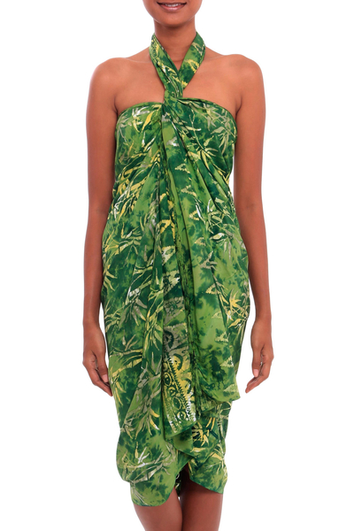 Batik rayon sarong, 'Dawning Mystery in Green' - Leaf Motif Batik Rayon Sarong in Green from Bali