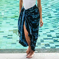 Batik rayon sarong, 'Leafy Memories' - Batik Rayon Sarong in Black and Blue from Bali