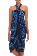 Batik rayon sarong, 'Leafy Memories' - Batik Rayon Sarong in Black and Blue from Bali