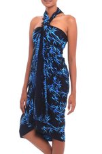 Batik rayon sarong, 'Leafy Memories' - Batik Rayon Sarong in Black and Blue from Bali