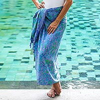 Floral Batik Rayon Sarong in Pale Blue from Bali,'Pale Blue Petals'