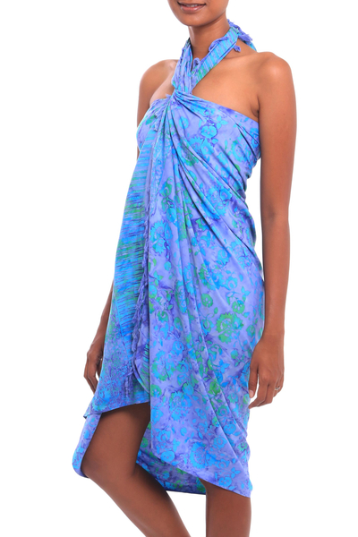 Batik rayon sarong, 'Pale Blue Petals' - Floral Batik Rayon Sarong in Pale Blue from Bali