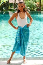 Batik rayon sarong, 'Cerulean Eden' - Leaf Motif Batik Rayon Sarong in Blue from Bali