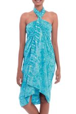 Batik rayon sarong, 'Cerulean Eden' - Leaf Motif Batik Rayon Sarong in Blue from Bali