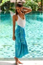 Batik rayon sarong, 'Cerulean Eden' - Leaf Motif Batik Rayon Sarong in Blue from Bali