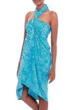 Batik rayon sarong, 'Cerulean Eden' - Leaf Motif Batik Rayon Sarong in Blue from Bali