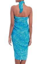 Batik rayon sarong, 'Cerulean Eden' - Leaf Motif Batik Rayon Sarong in Blue from Bali