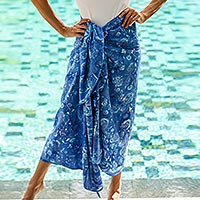 Batik rayon sarong, 'Pastel Blue Flowers'