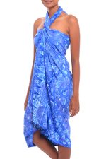 Batik rayon sarong, 'Pastel Blue Flowers' - Floral Motif Batik Rayon Sarong in Blue from Bali
