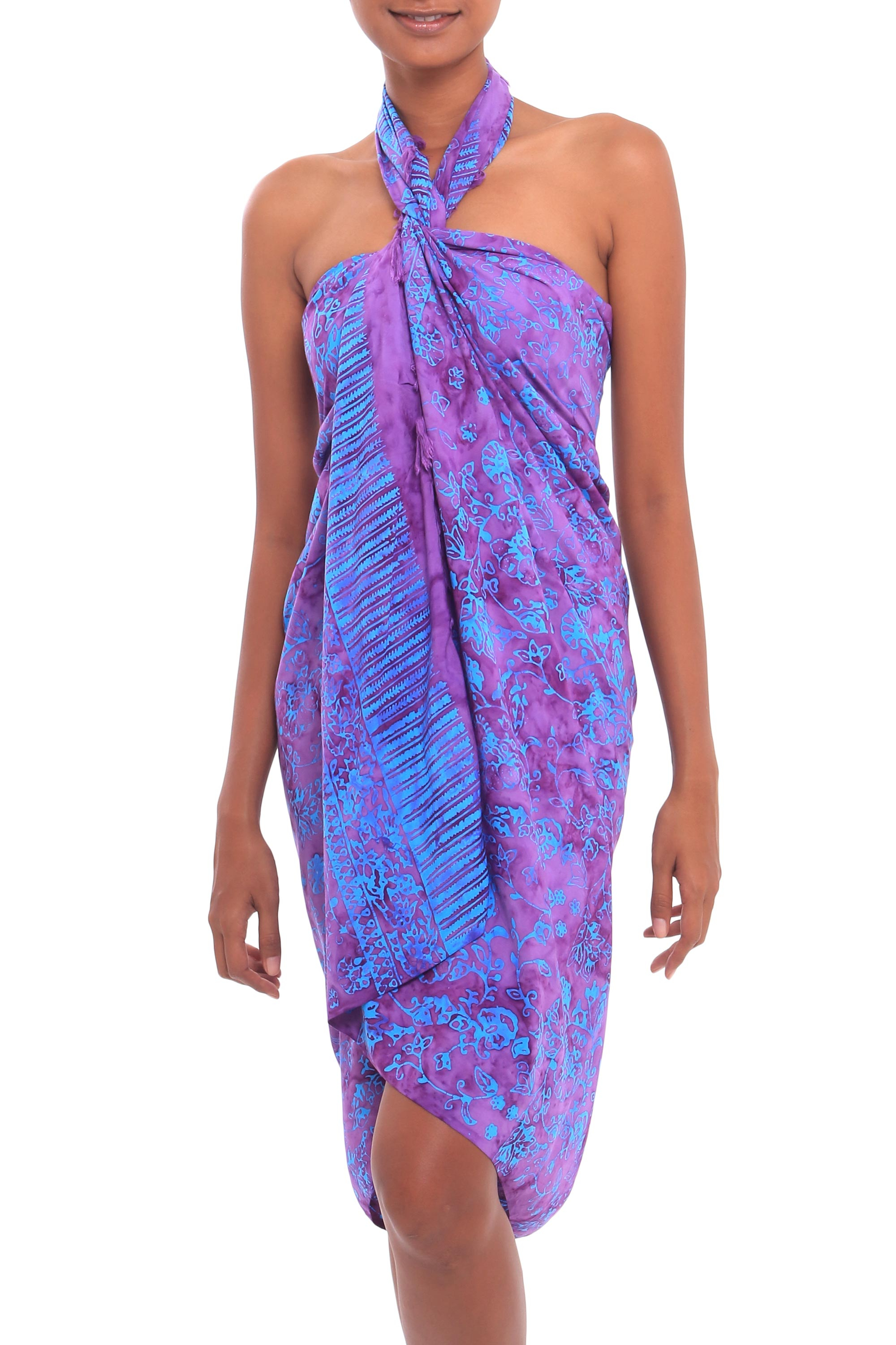 Floral Batik Rayon Sarong in Wisteria from Bali - Mystifying Forest ...
